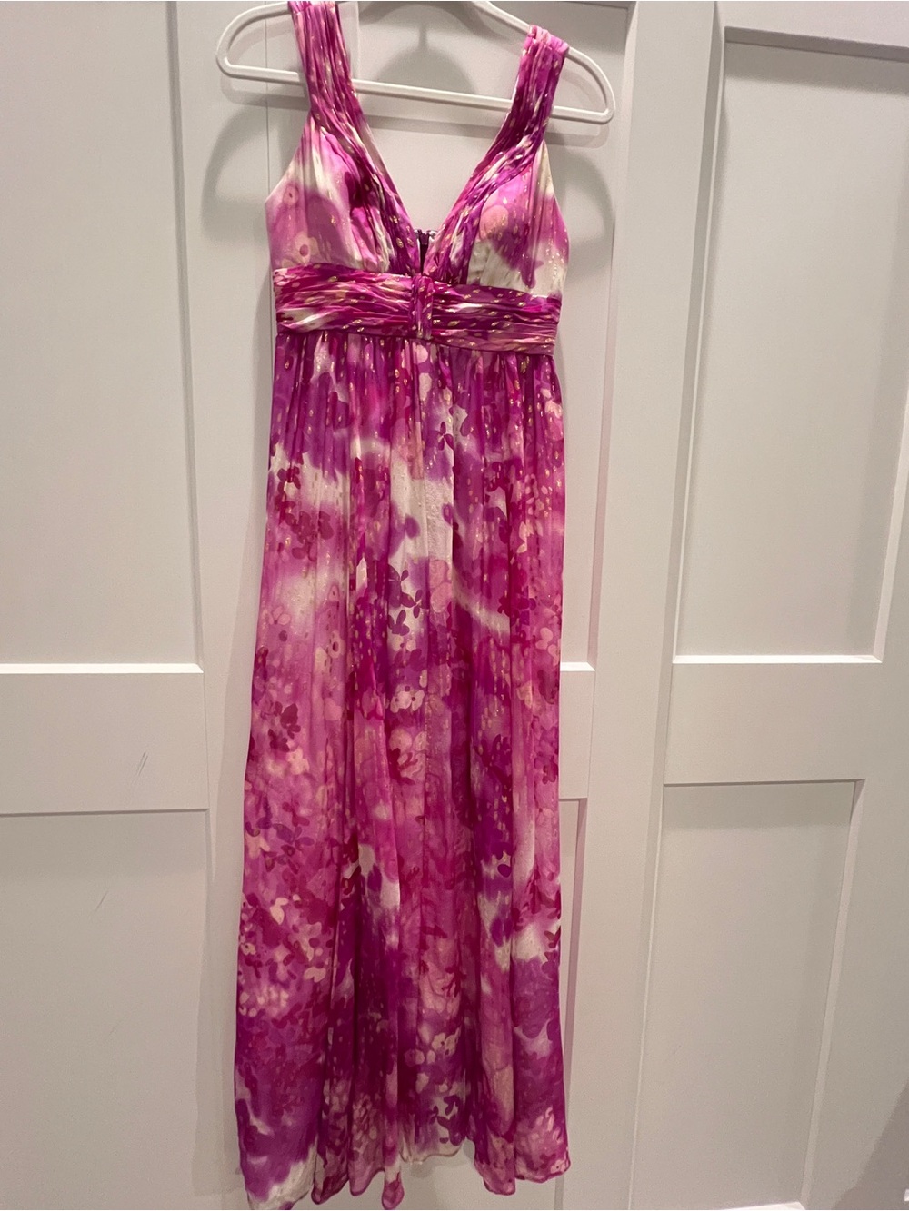 Aidan Mattox Magenta and Gold Silk Metallic Detail Dress